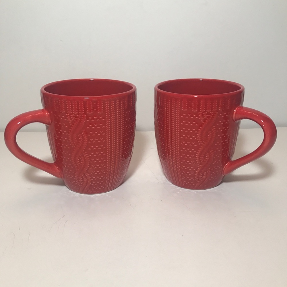 Royal Norfolk Cable Knit Embossed Set/2 16 Oz Coffee Mugs Winter Holiday In Red